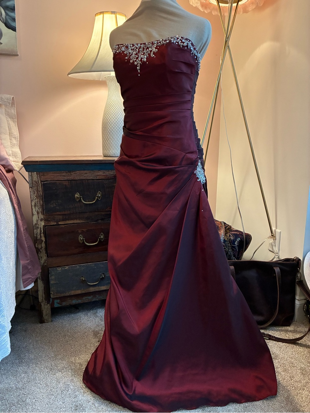Strapless Burgundy Evening Gown with Crystal Accents